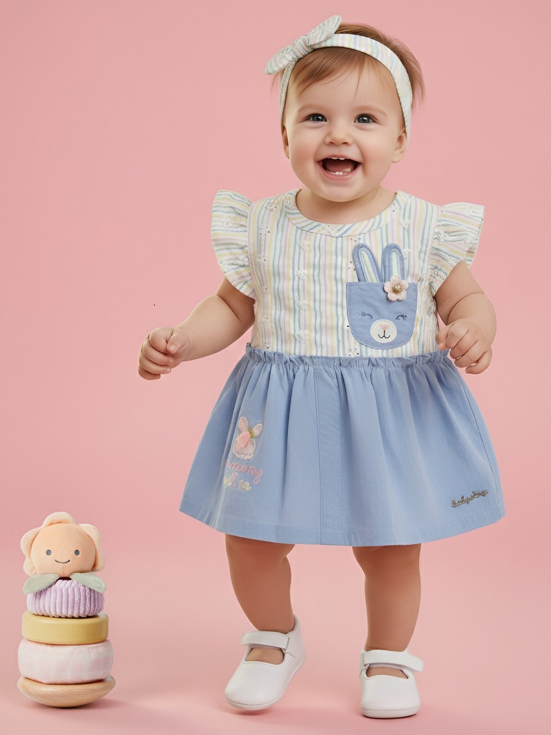 Babys Day Girls Stripped Print Flutter Sleeve Fit & Flare Knee Length Dress With Brief