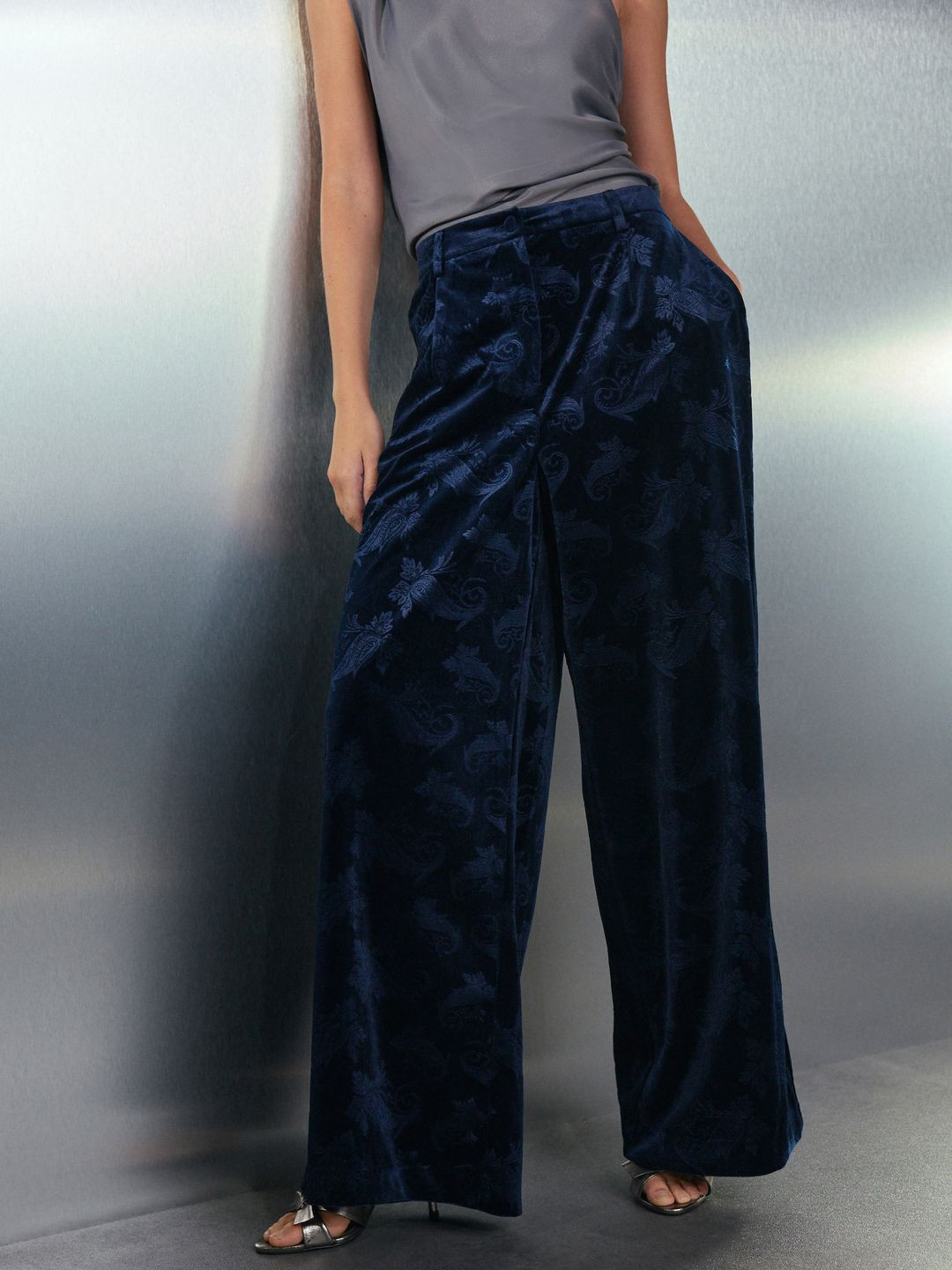 NEXT Women Ethnic Motifs Printed Wide Leg Velvet Trousers