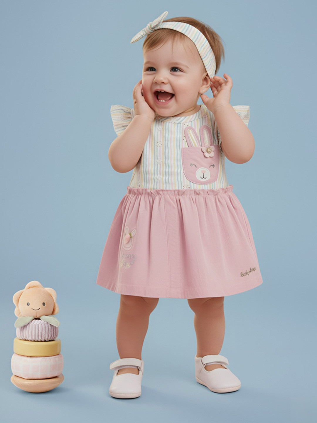 Babys Day Girls Striped Flutter Sleeve Cotton Fit & Flare Dress