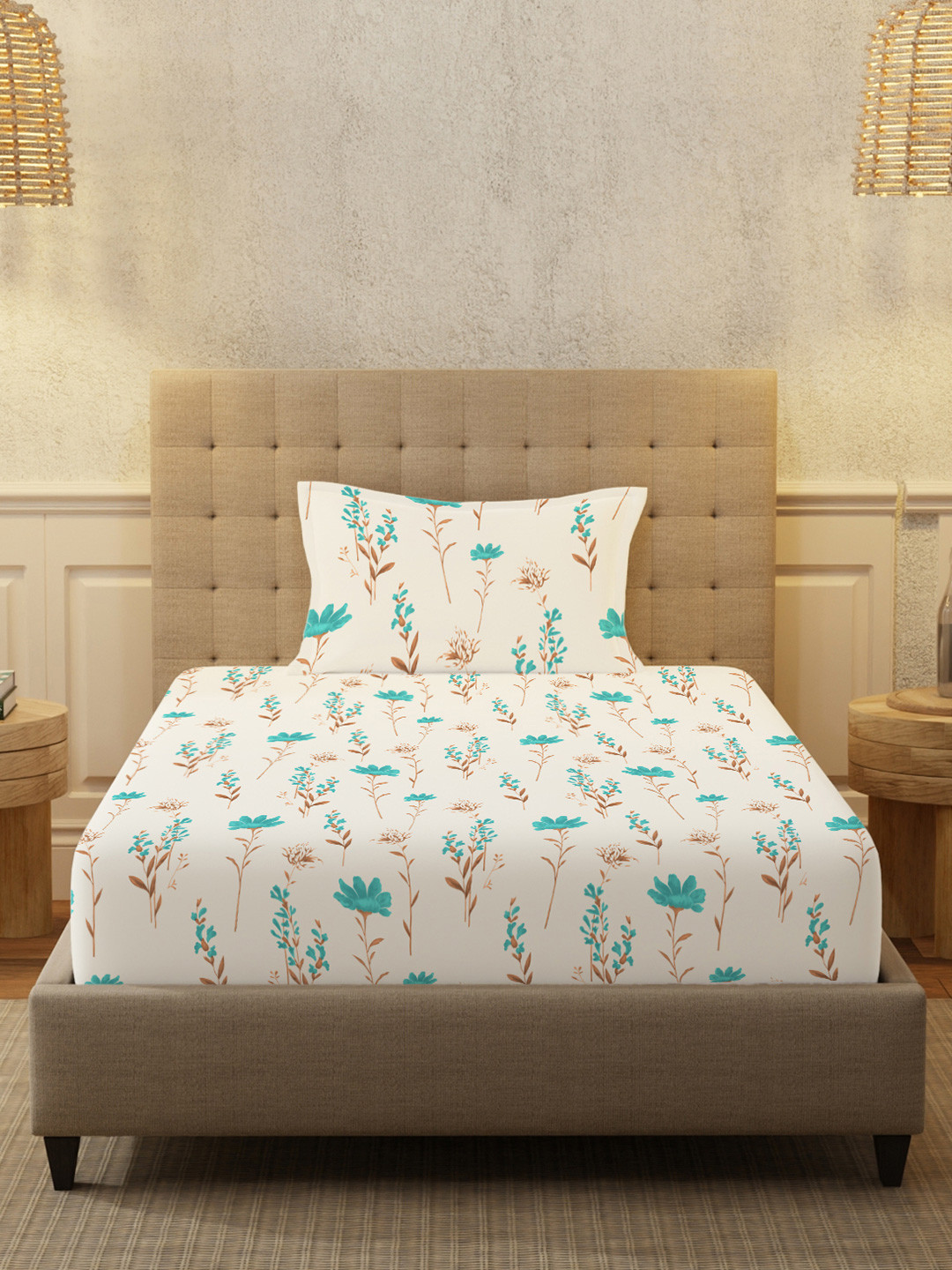 URBAN SPACE Orchid Blooms Turquoise Blue Floral Cotton 200 TC Double Fine Bedsheet with a Pillow Cover-90 x 58 inches