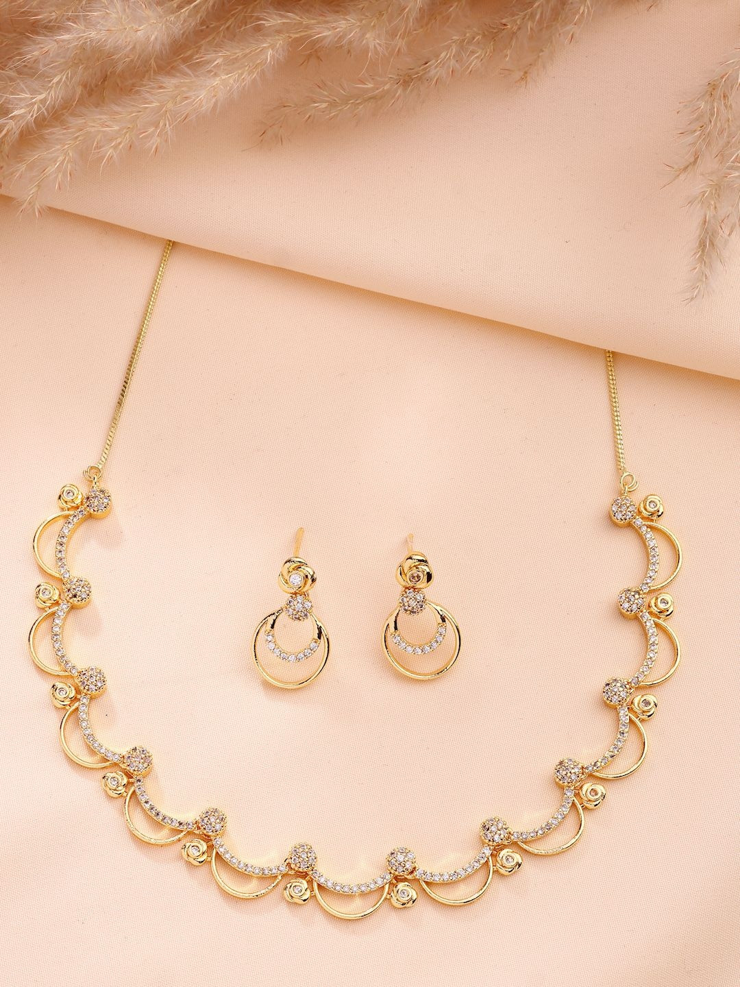 ZENEME Gold-Plated Diamond-Studded Jewellery Set
