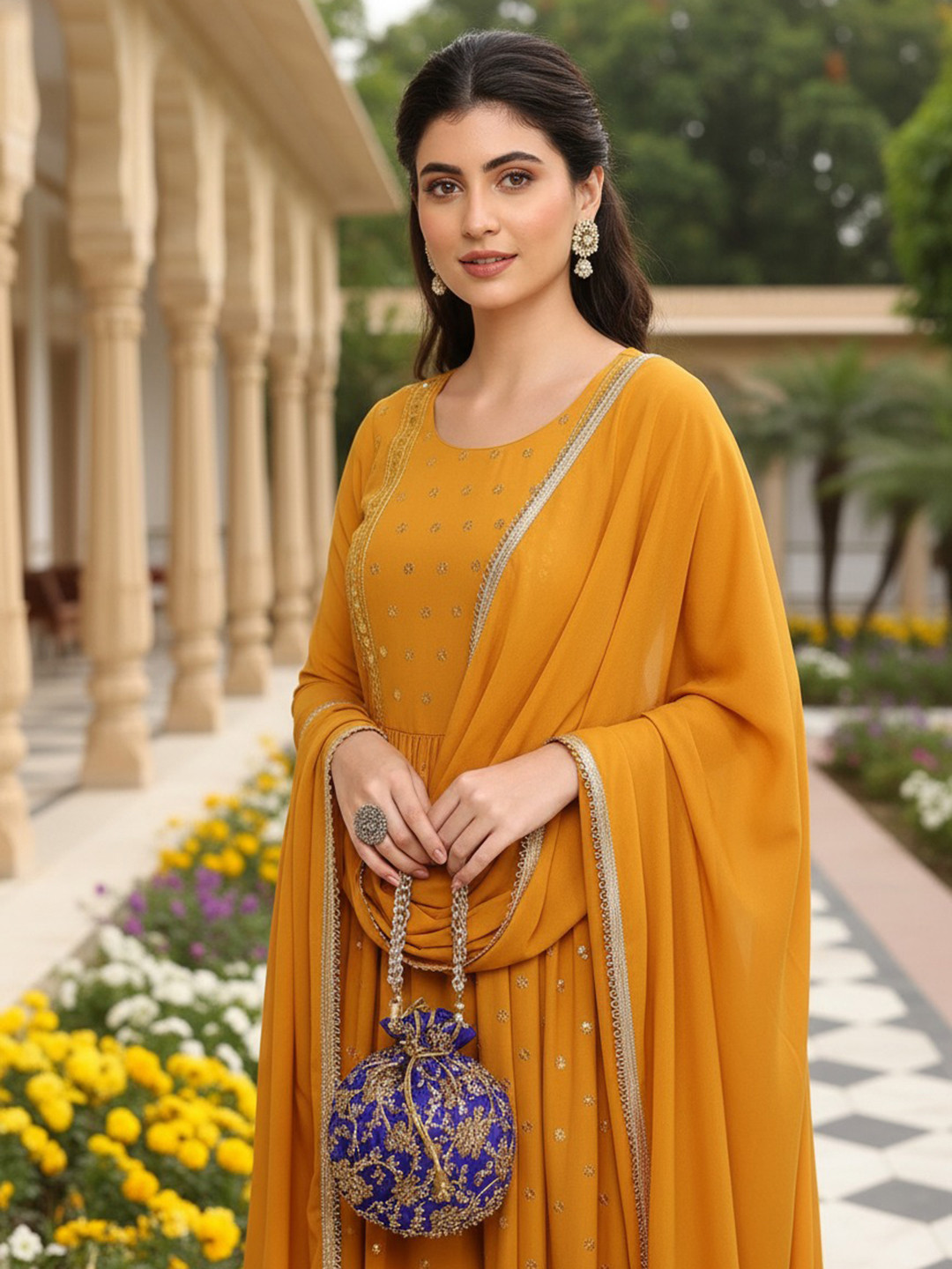 AHIKA Geometric Embroidered Pleated Sequinned Georgette  Kurta With Palazzos & Dupatta