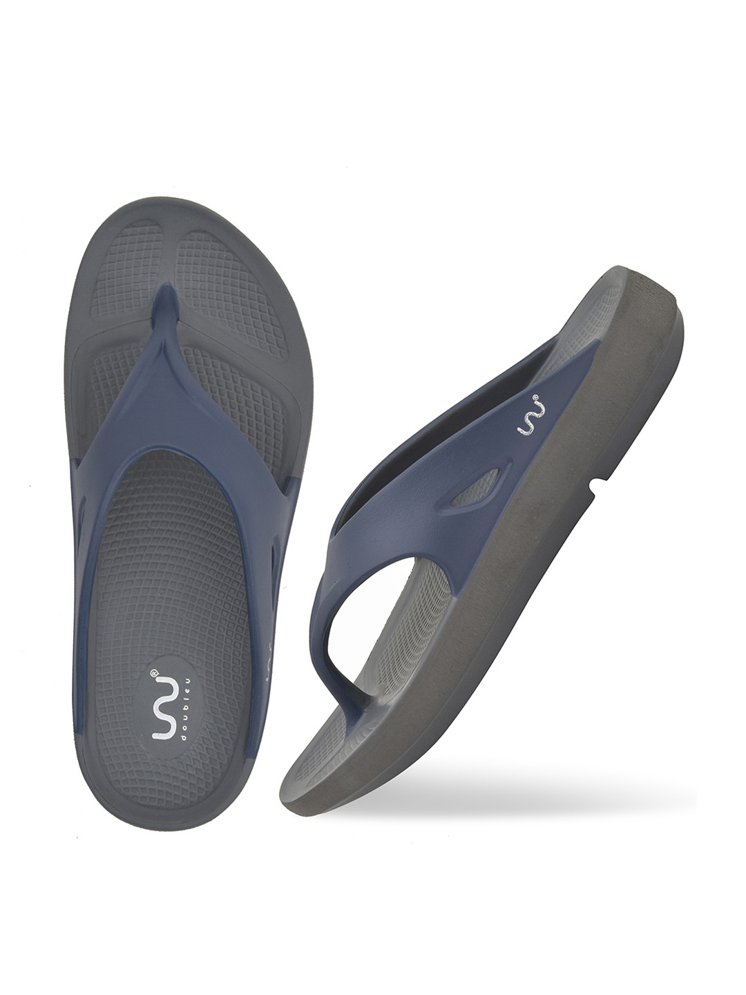 Doubleu Men Grey & Navy Blue EVA Thong Flip-Flops