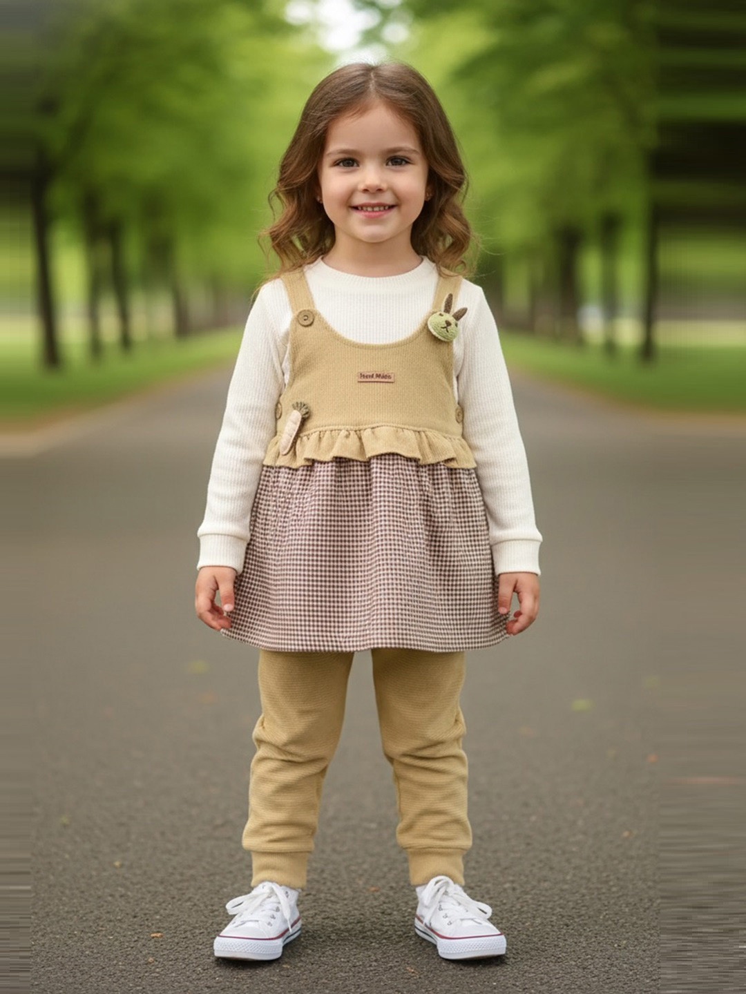 KIKO Girls Round Neck Pure Cotton Sweatshirt With Joggers And Dungaree