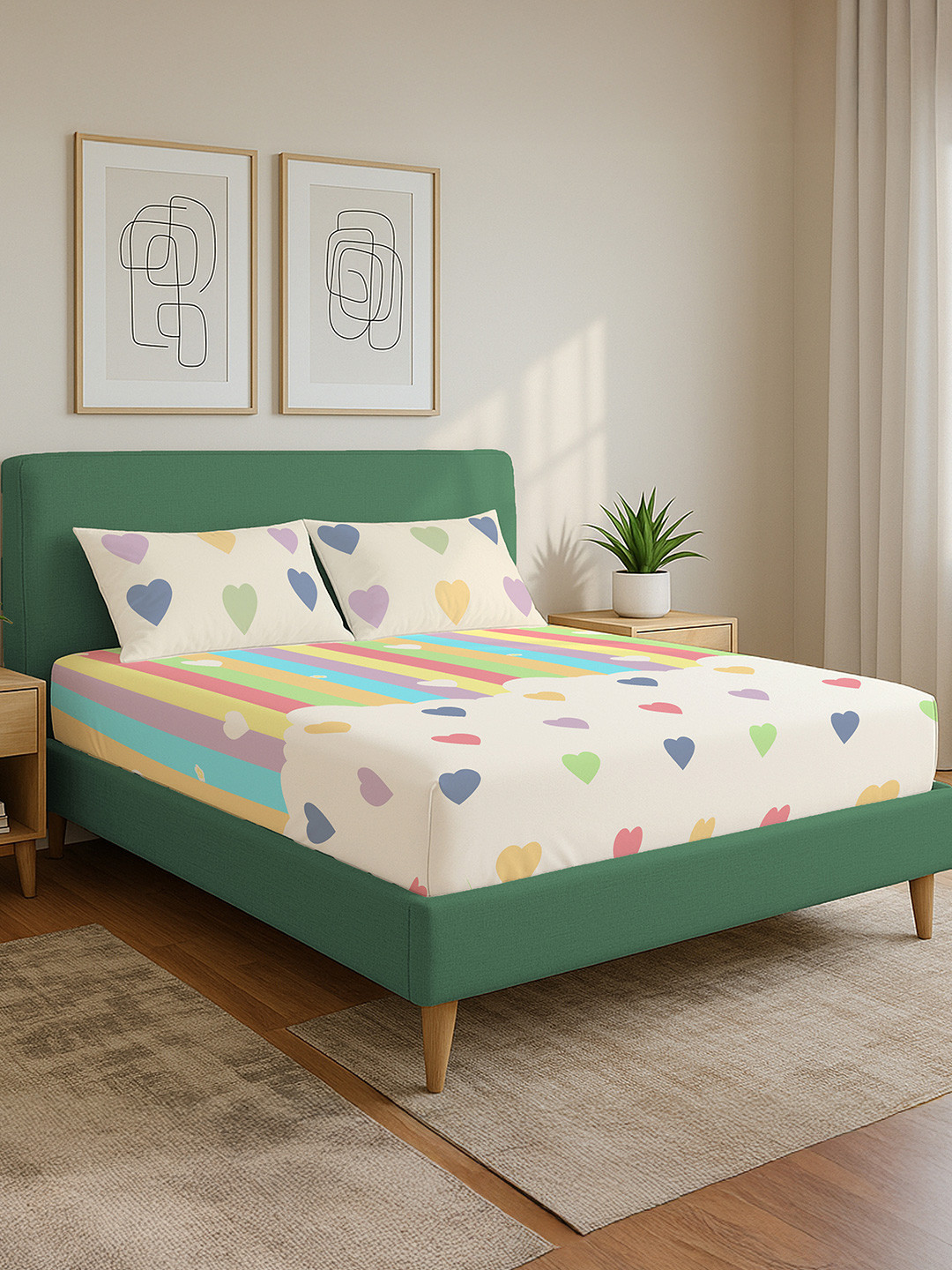 URBAN SPACE White Rainbow Hearts Fitted Cotton 144 TC King Bedsheet Set 2.74 m x 2.74 m