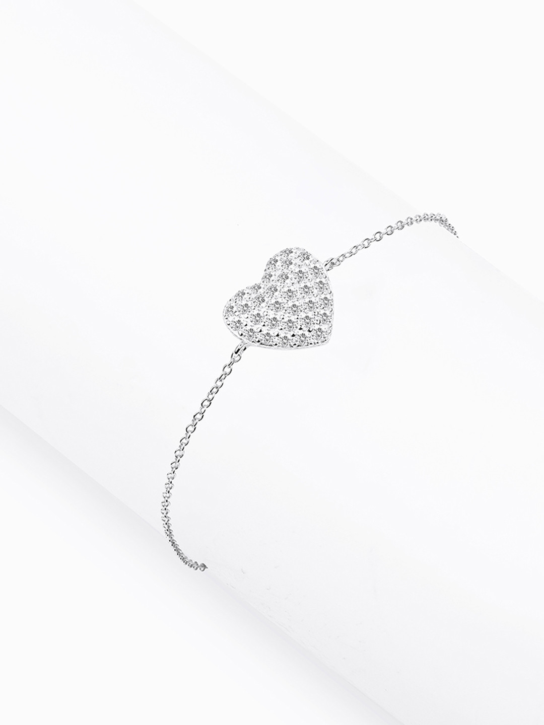 Nistra Radiant Heart Sterling Silver Rhodium-Plated Cubic Zirconia Studded Link Bracelet