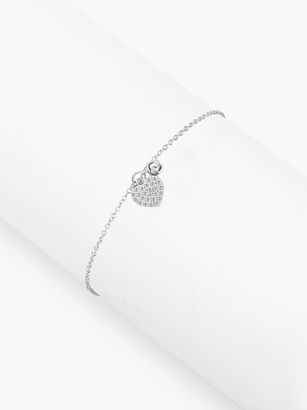 Nistra Glitter Heart Sterling Silver Rhodium-Plated Cubic Zirconia Studded Link Bracelet