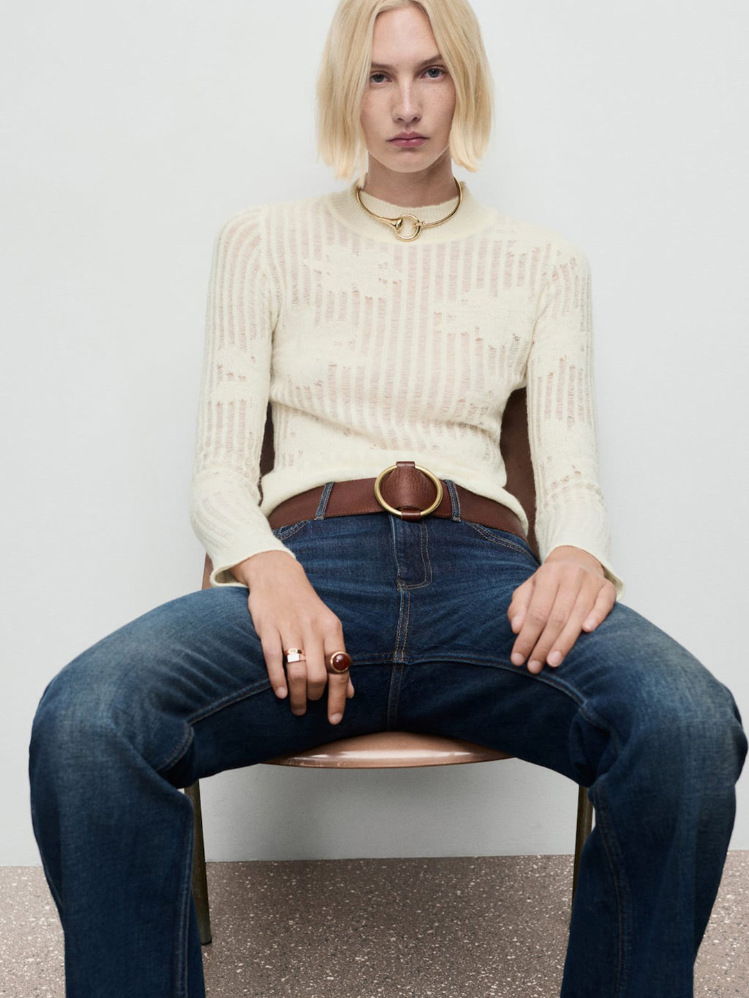 MANGO Floral Ribbed Self Design Pullover