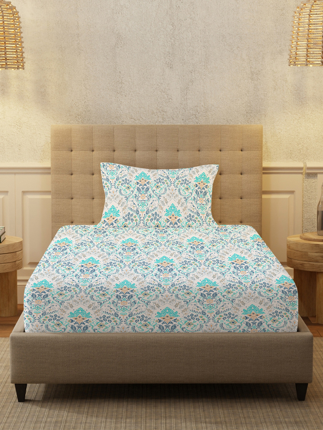 URBAN SPACE Serene White Floral Cotton 200 TC Double Fine Bedsheet with a Pillow Cover-58 x 90 inches