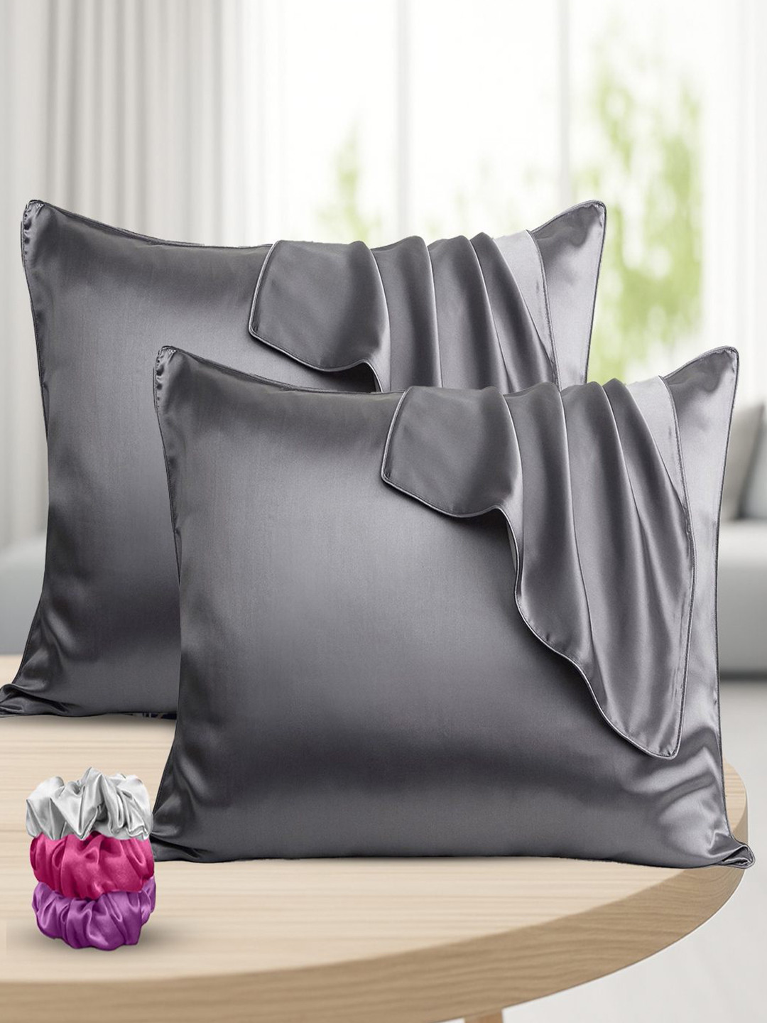 GRISHVA Grey Pack Of 2 Solid Silk Rectangle Pillow Covers