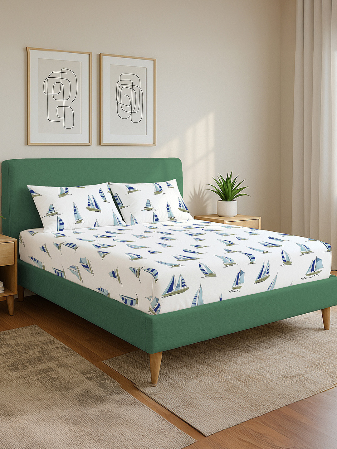 URBAN SPACE Divine Ocean Boats Printed Cotton 144 TC King Bedsheet With 2 Pillow Covers