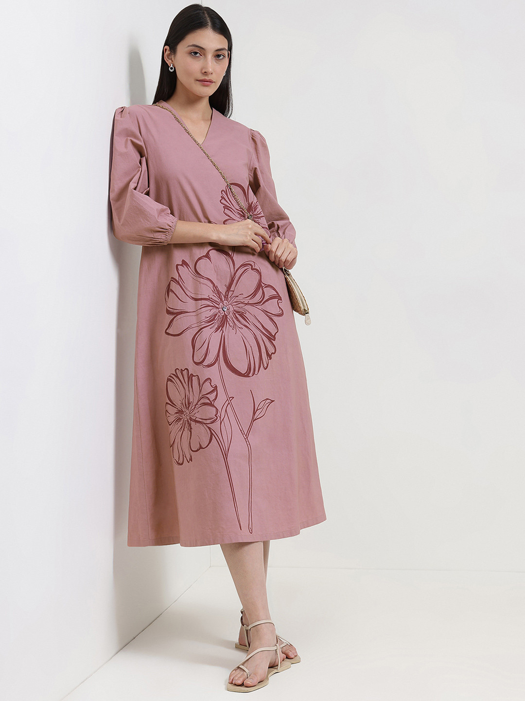 Pink Fort Women Cotton Floral Printed Placement A-Line Midi Dress