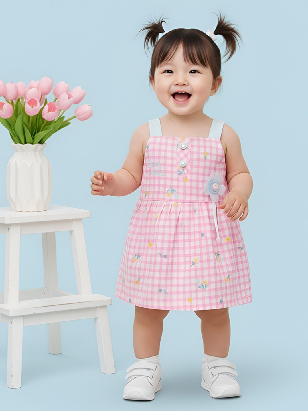 Babys Day Girls Checked Shoulder Straps Cotton Fit & Flare Dress With Panty