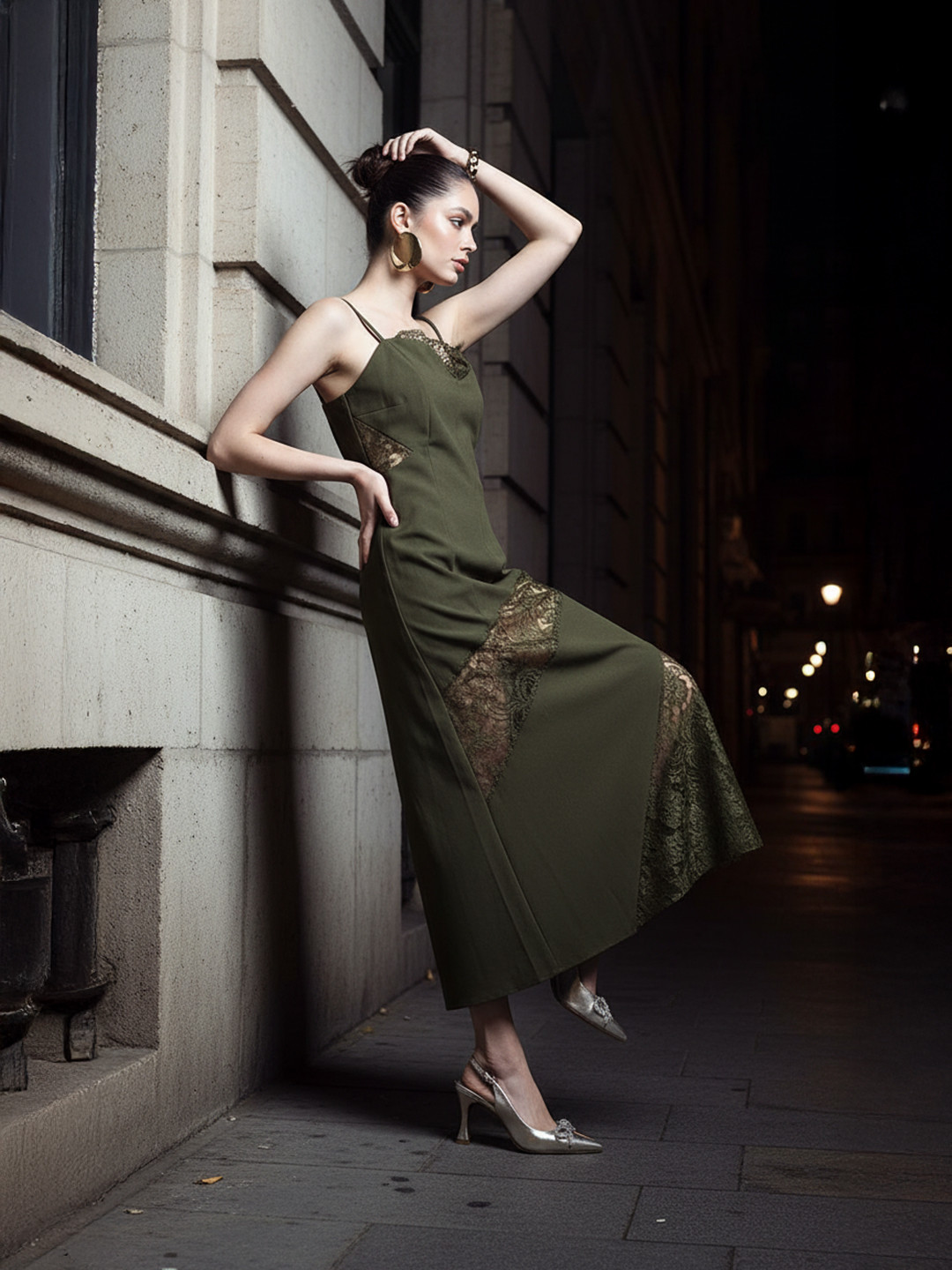 bebe Lace Inserts A-Line Midi Party Dress