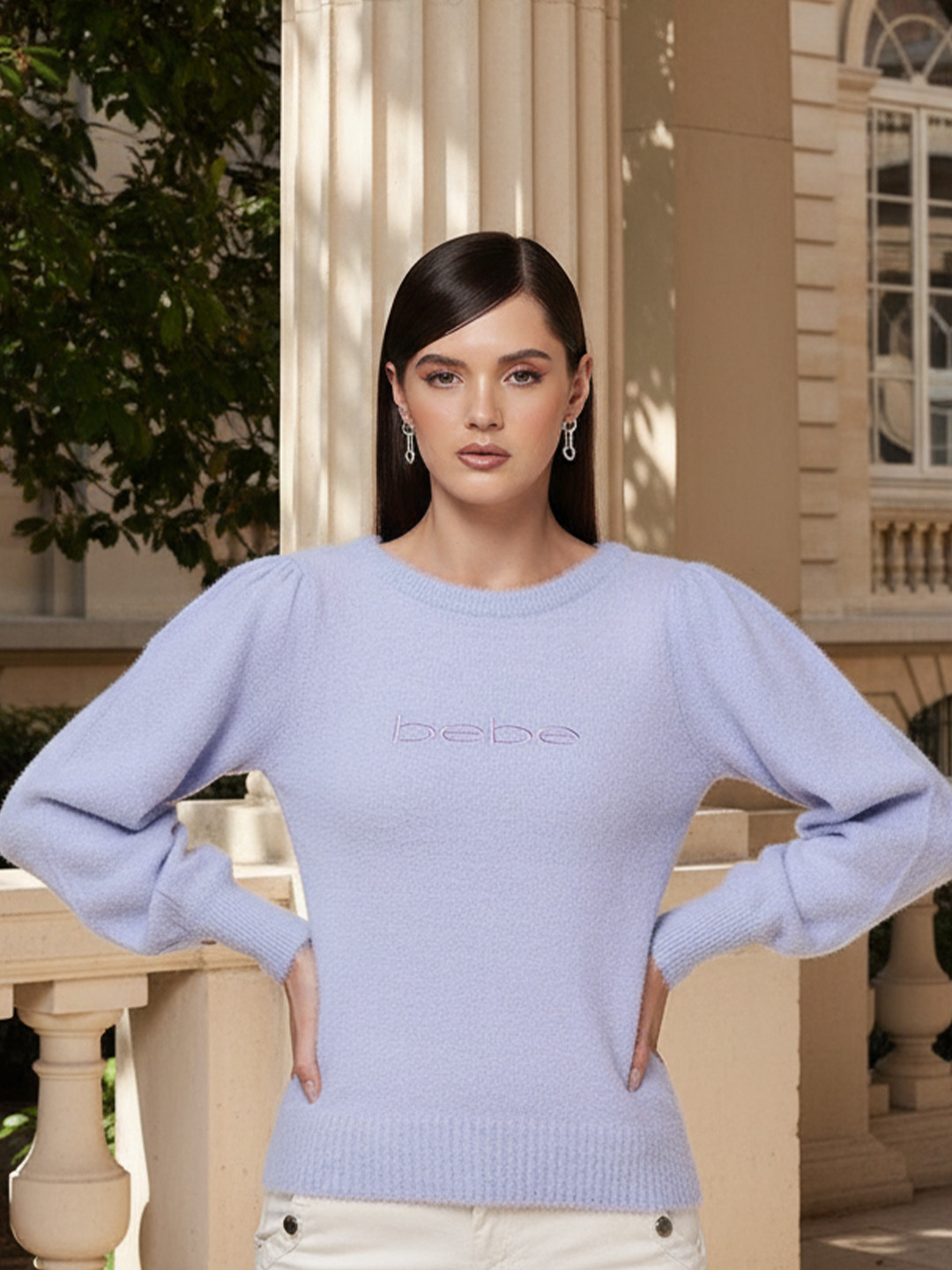 bebe Season Staples Solid Brand Logo Embroidered Puffed Bishop Sleeves Pullover