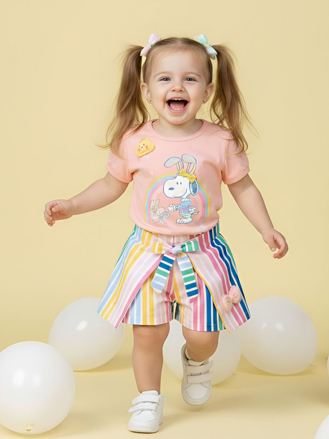 Babys Day Girls Printed Pure Cotton Round Neck Short Sleeves Top With Short