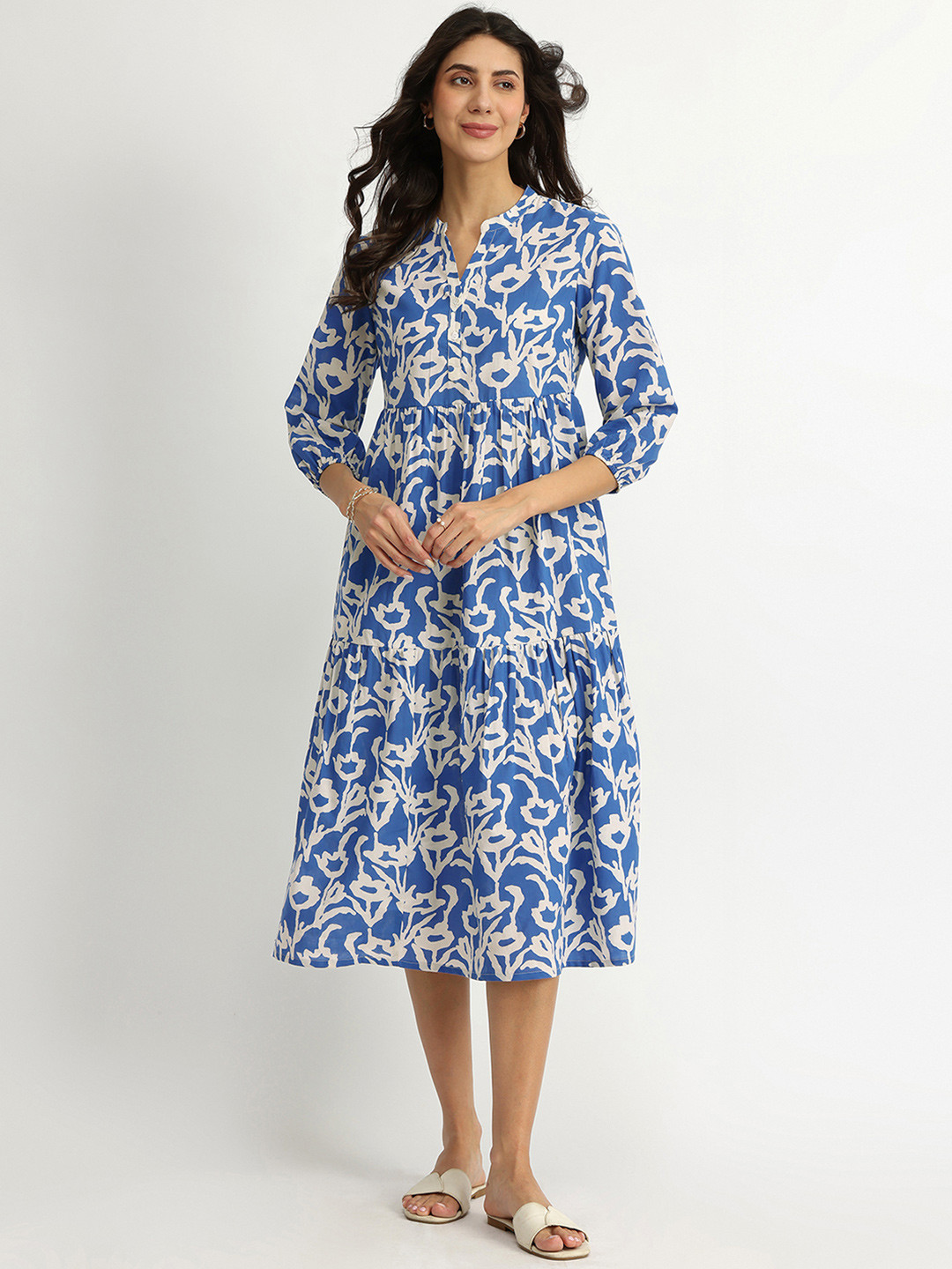 Pink Fort Floral Printed Cotton Tiered A-line Dress