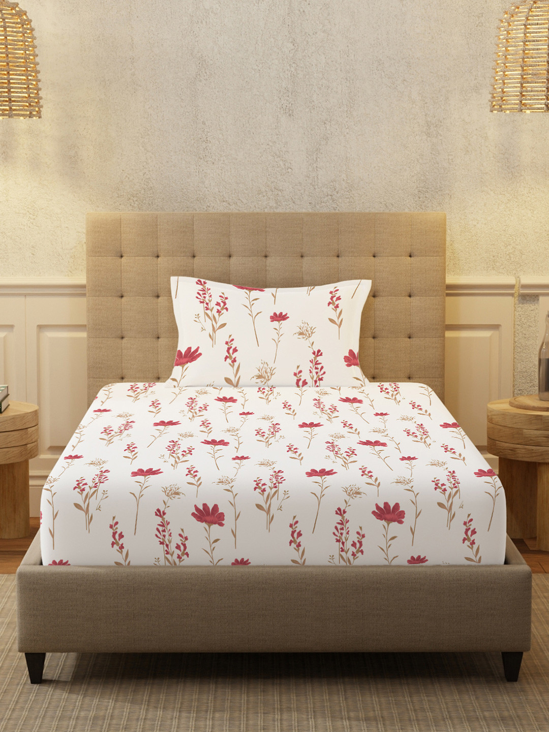 URBAN SPACE Orchid Blooms White Floral Cotton 200 TC Single Fine Bedsheet with a Pillow Cover-90 x 58 inches