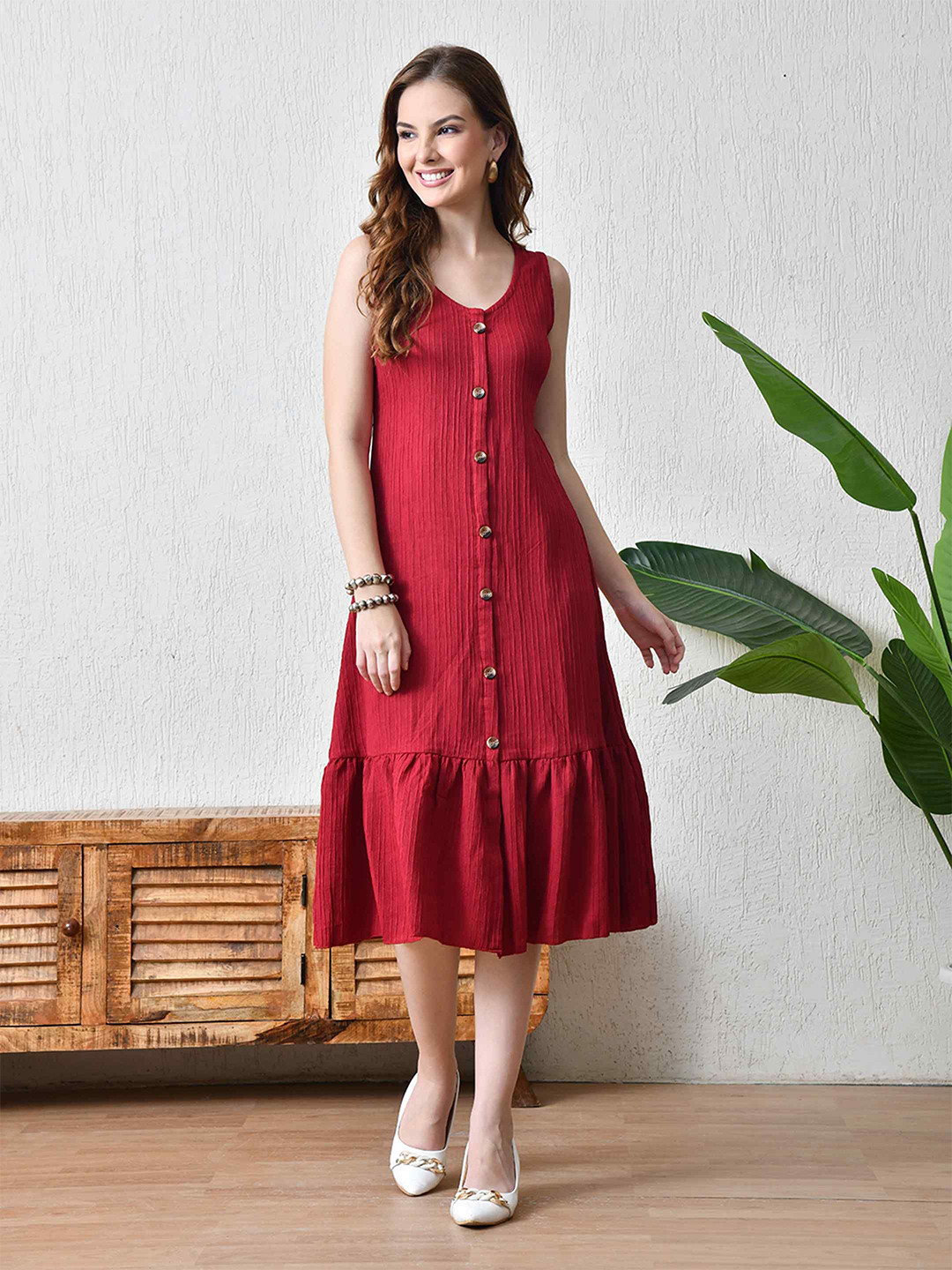 YANAMORA Women Striped A-Line Midi Dress with Full Front Button Down Placket & Flounce Hem