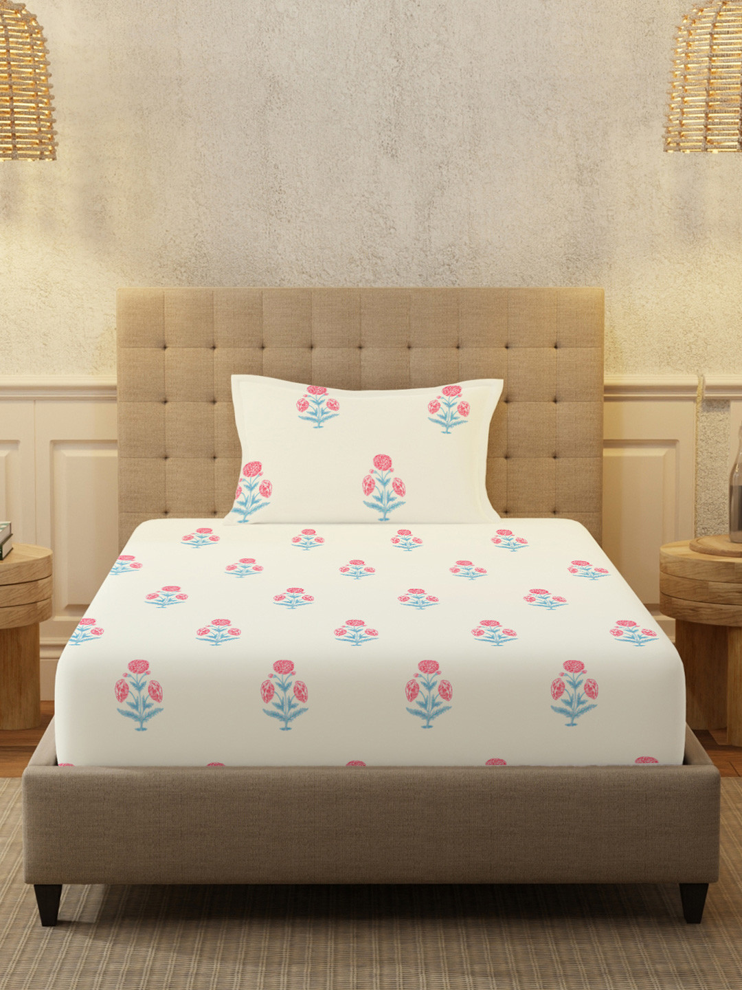 URBAN SPACE White Floral Cotton 200 TC Single Fine Bedsheet with a Pillow Cover-228 x 147 cm