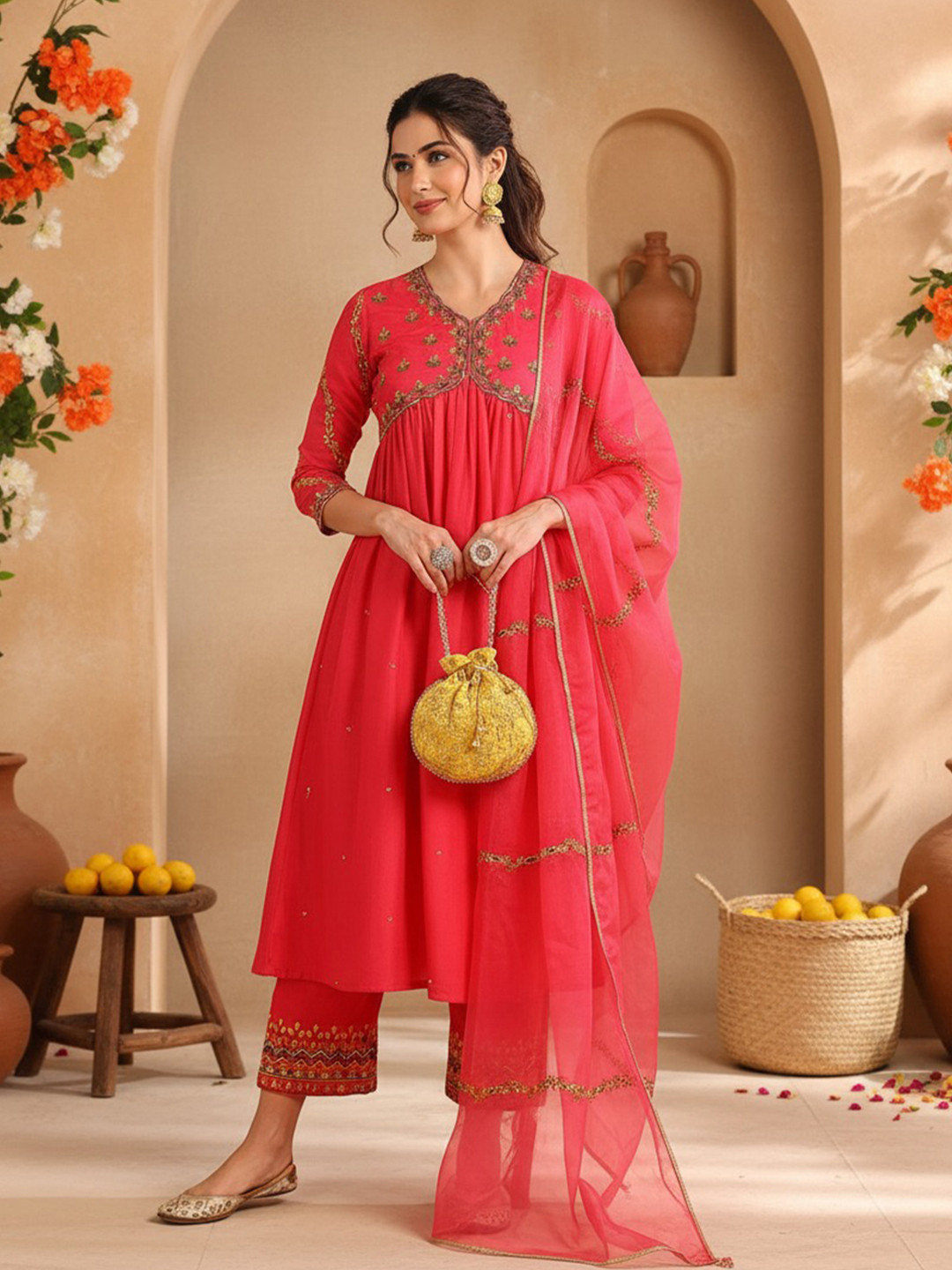 AHIKA Paisley Yoke Design V-Neck Thread Work Anarkali Kurta & Trouser With Dupatta