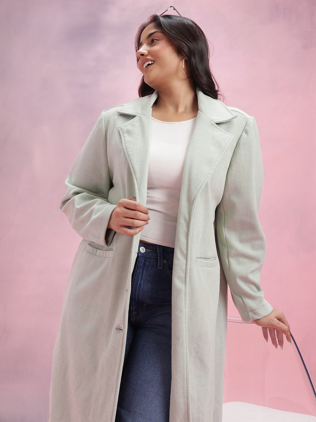 DressBerry Curve Twill Weave Single-Breasted Notched Lapel Collar Longline Overcoat