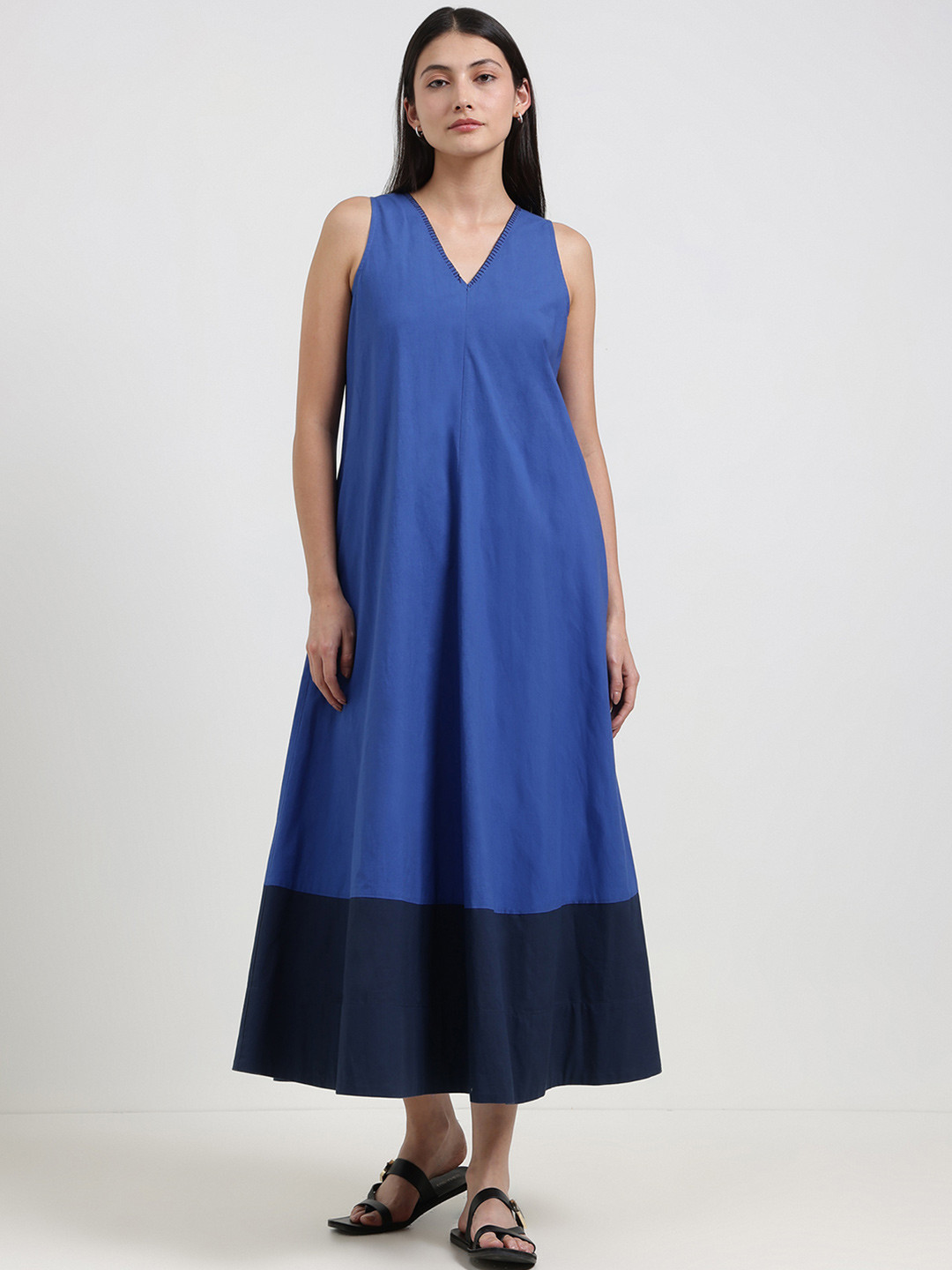Pink Fort Women Blue Cotton Colourblock A-Line Dress