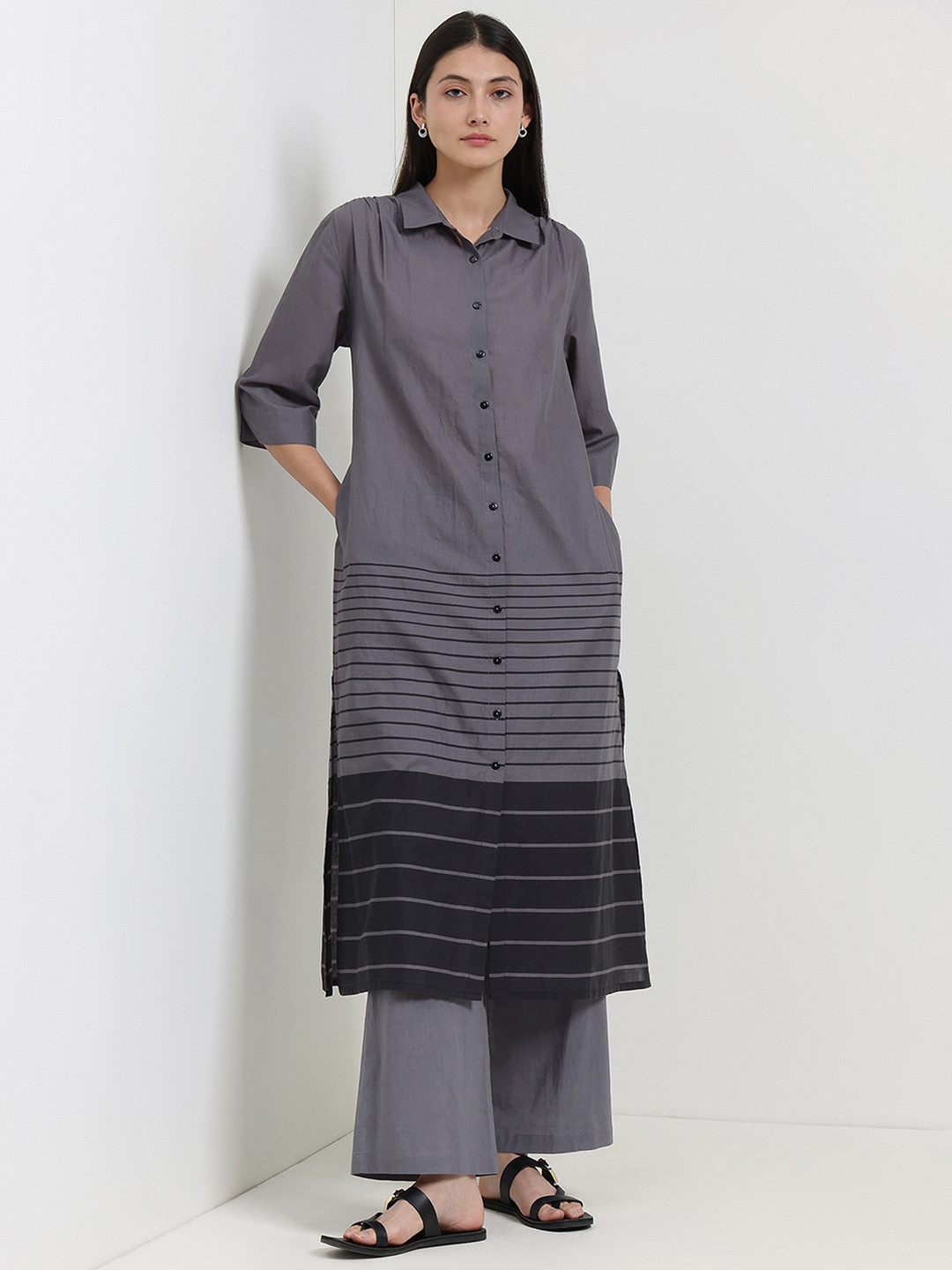 Pink Fort Women Pure Cotton Striped Shirt Kurta Set - Grey & Black