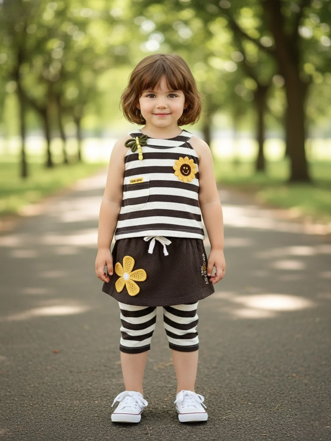 KIKO Girls Striped Top with Shorts & Trousers