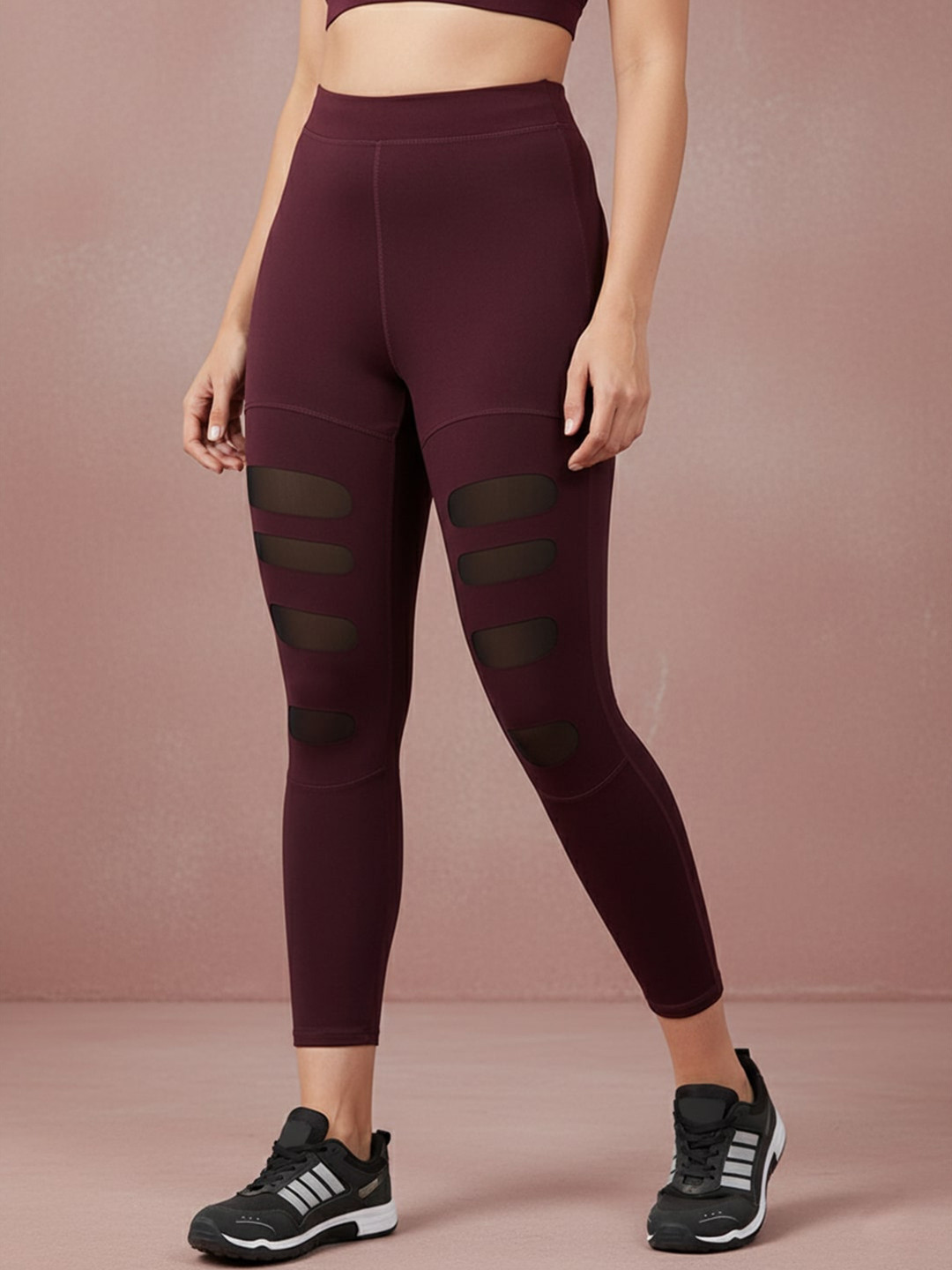 Blinkin Women Burgundy Solid Mesh Insert Tights