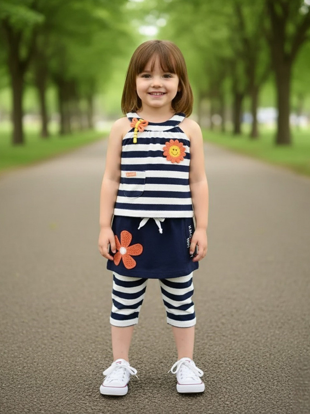 KIKO Girls Striped Top with Shorts & Trousers