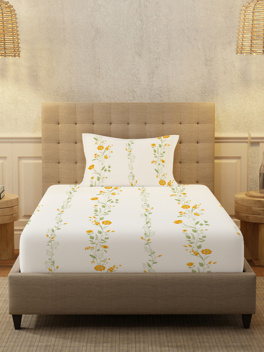 URBAN SPACE Serene White Floral Cotton Breathable 200 TC Double Fine Bedsheet with a Pillow Cover-58 x 90 inches