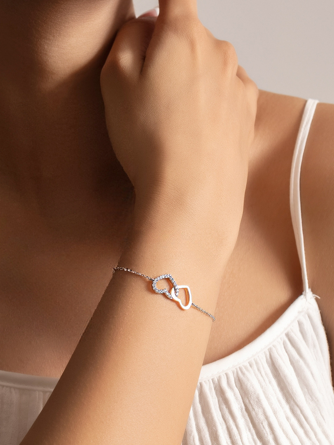 Nistra Charming Twin Hearts Sterling Silver Cubic Zirconia Studded Link Bracelet