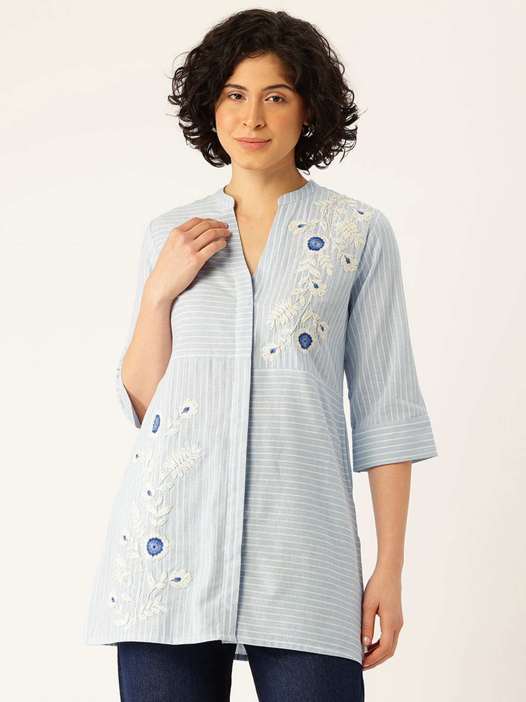 MISRI Mandarin Collar Striped Pure Cotton Tunic