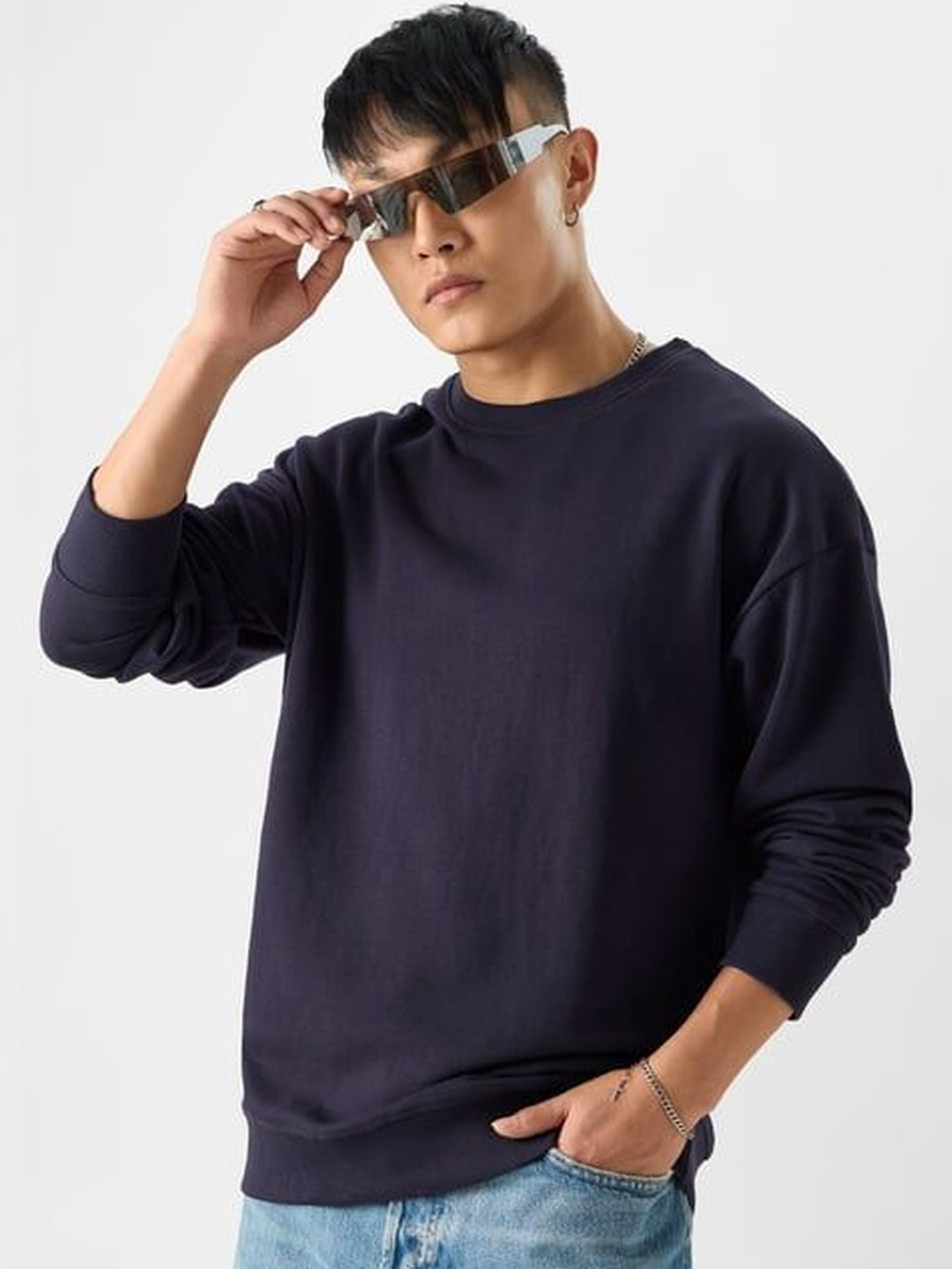 URBANICE Men Navy Blue Solid Pullover Winter Wear Fleece Sweatshirt