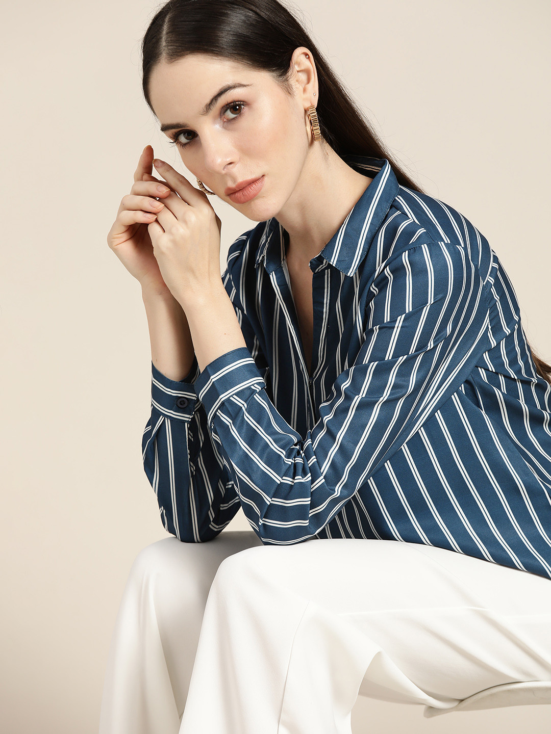 all about you Navy Blue & White Striped Shirt Style Top