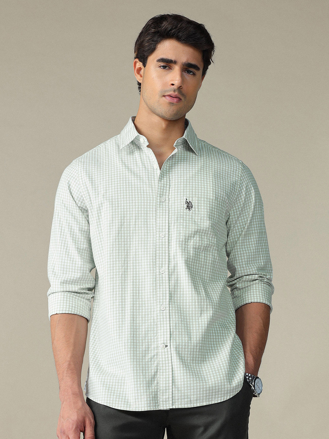 U.S. Polo Assn. Men Tailored Fit Micro Checked Spread Collar Pure Cotton Casual Shirt