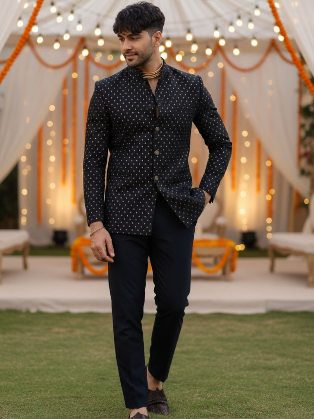 KISAH Woven Design Jodhpuri Bandhgala Trouser Set