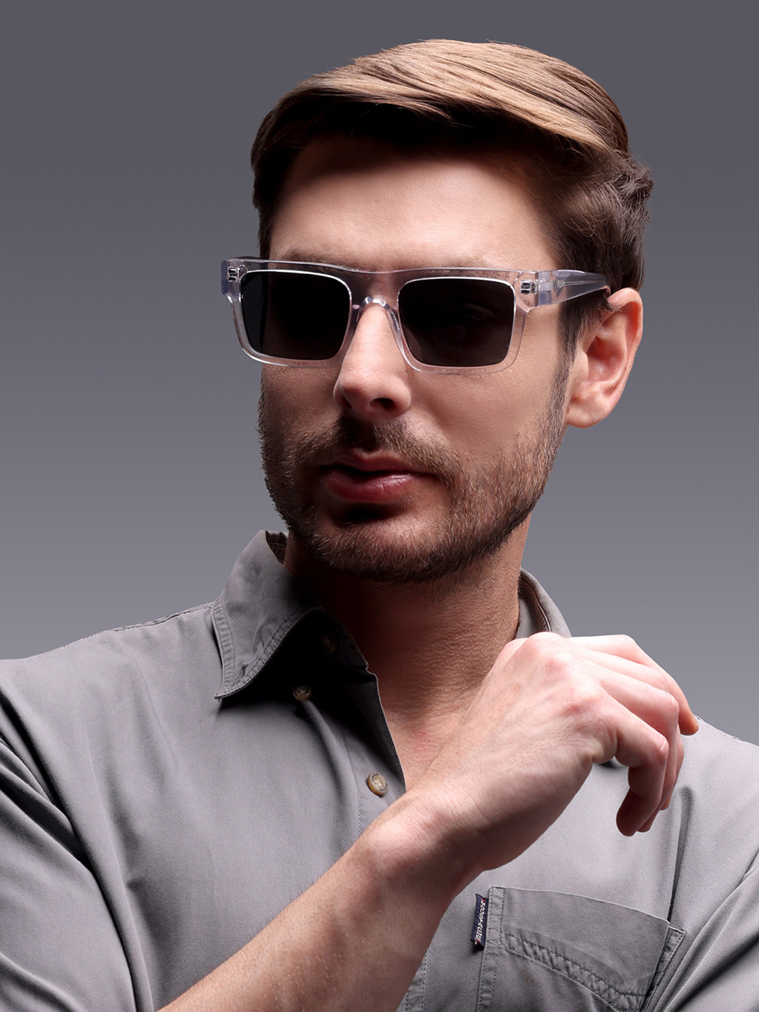 Augussto Majeste Unisex UV Protected Rectangle Sunglasses -Transparent Frame Smoke Lens