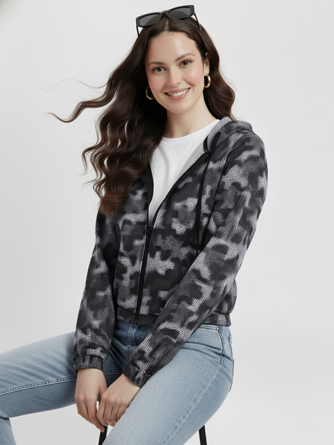 DressBerry Abstract Print Hooded Bomber Jacket