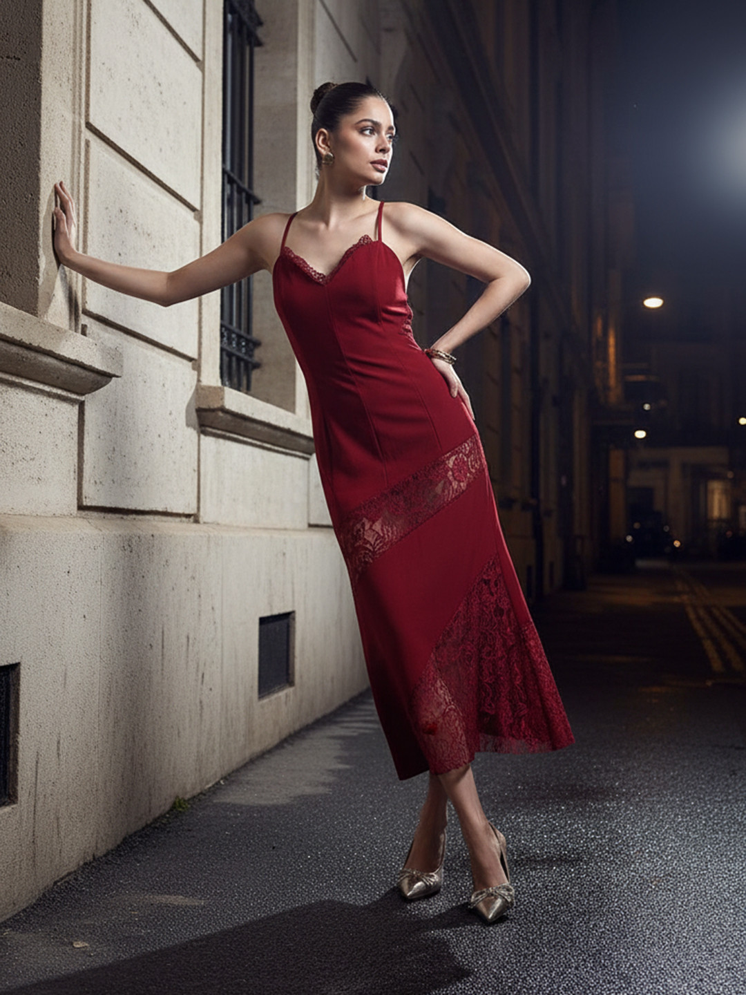 bebe Lace Inserts A-Line Midi Party Dress
