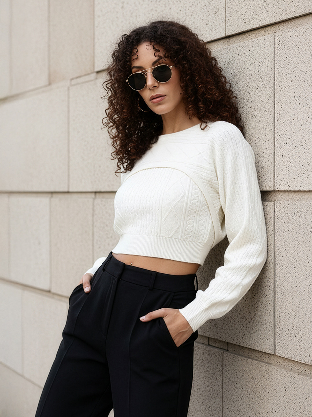 bebe All Day Cable Knit 2-in-1 Crop Pullover