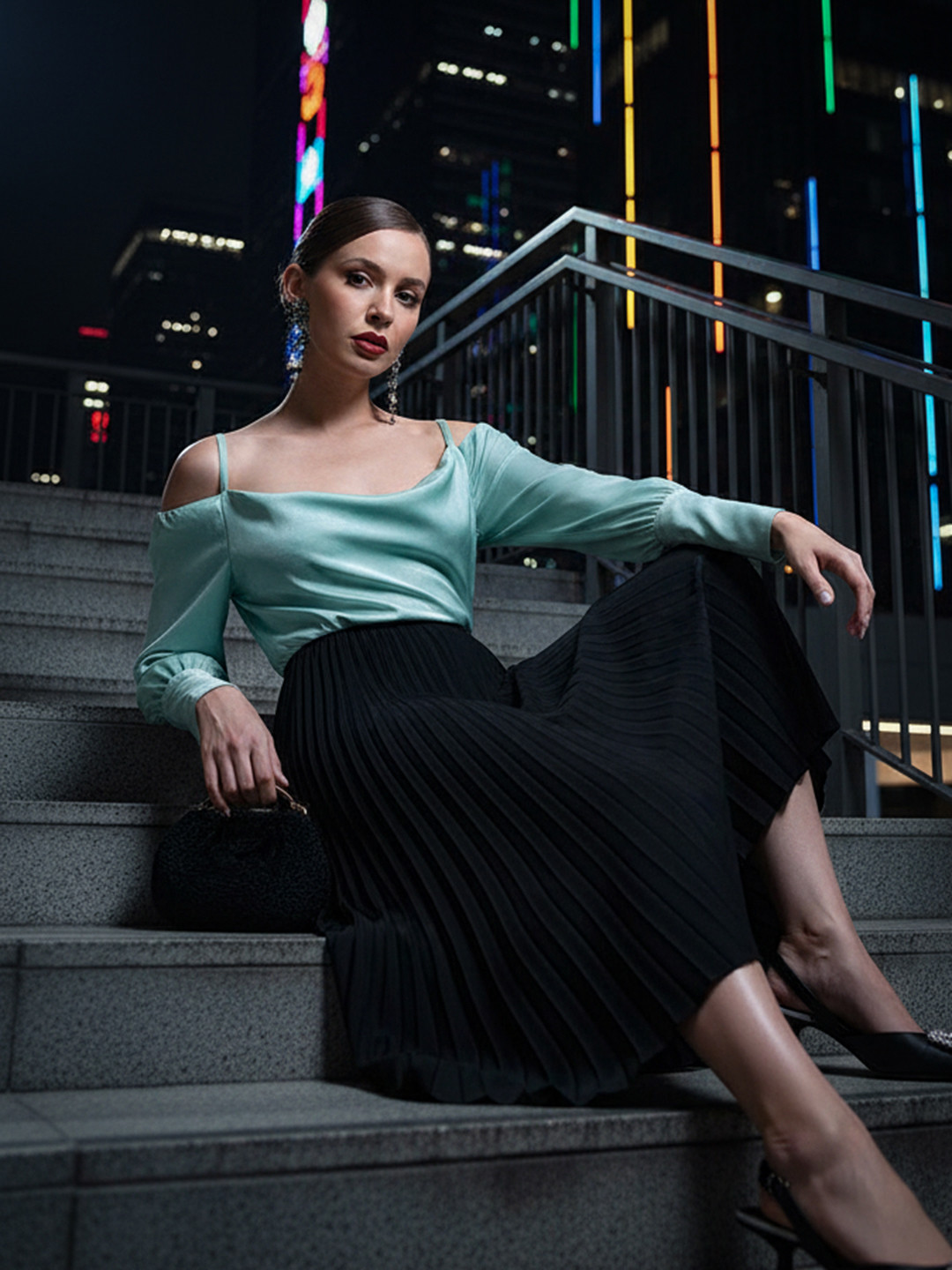 bebe Future Glam Cold-Shoulder Cuffed Sleeves Satin Party Top