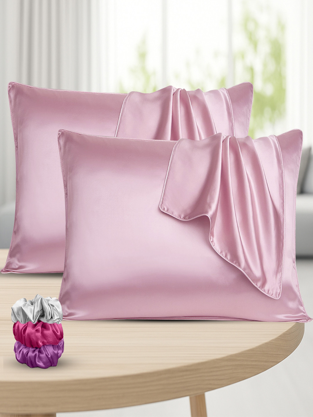 GRISHVA Pink 2 Pcs Solid Pure Silk Rectangle Pillow Covers