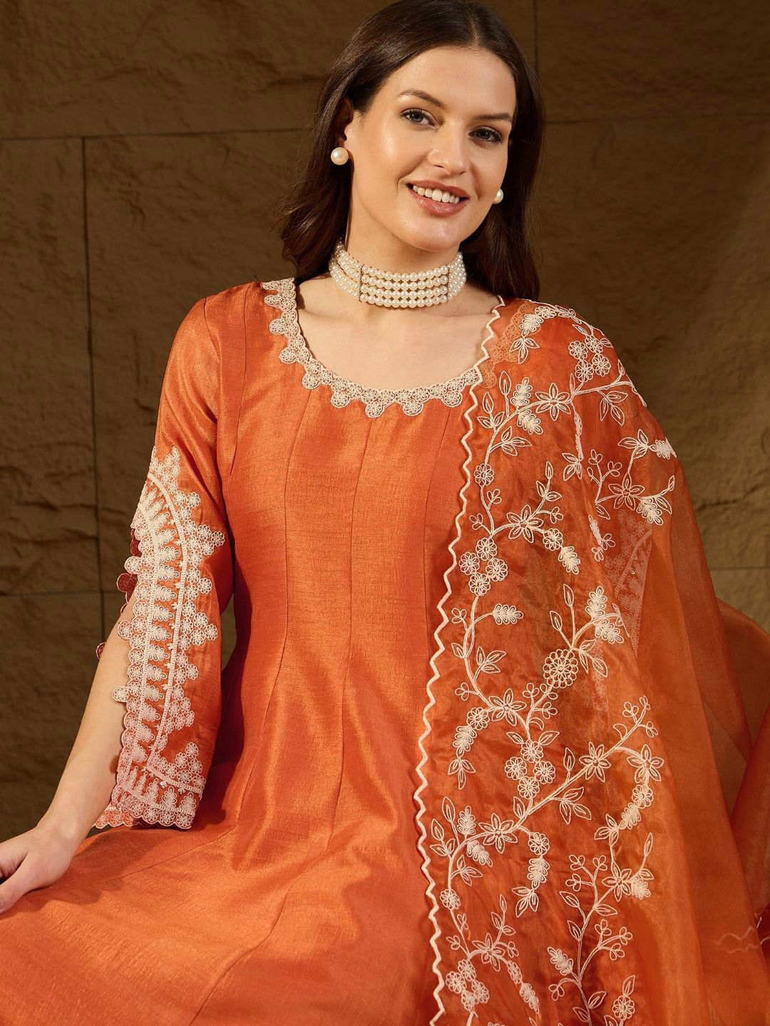 KALINI Ethnic Motifs Embroidered Panelled Thread Work Kurta with Trousers & Dupatta