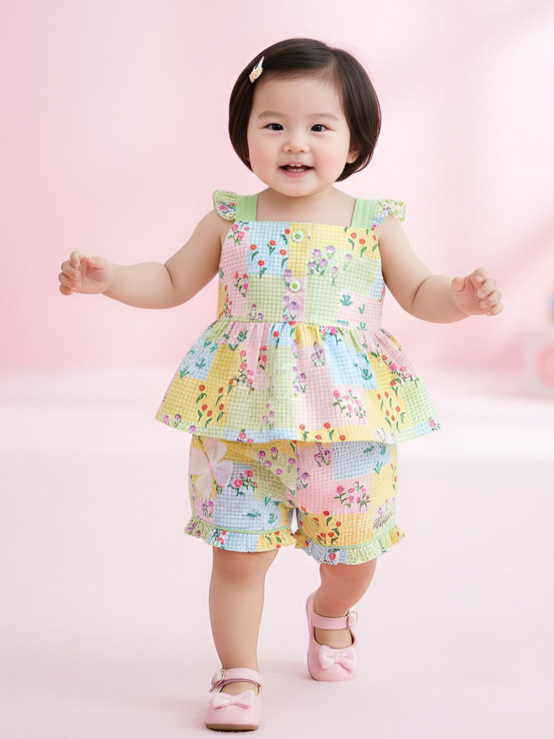 Babys Day Girls Shoulder Straps Printed Top with Shorts