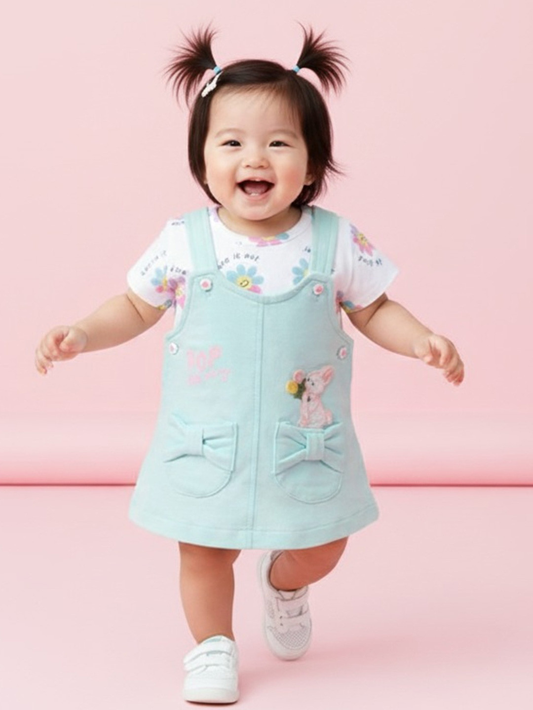 Babys Day Infant Girls Printed Cotton Dungaree With T-Shirt