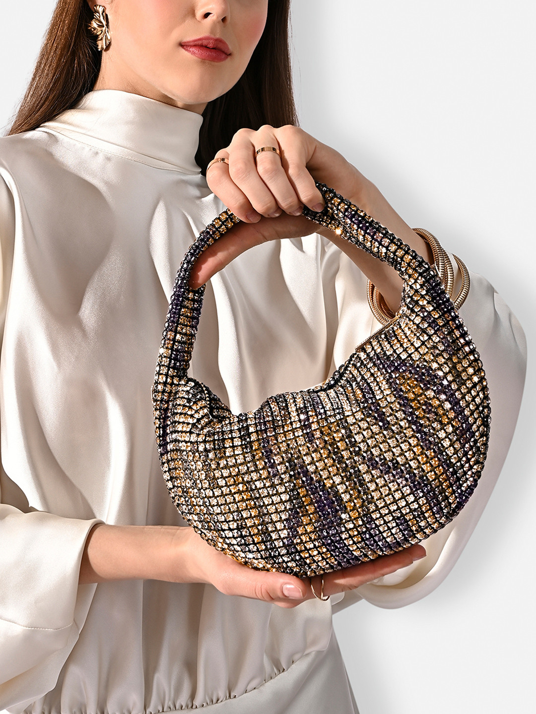 LAVIE LUXE Embellished PU Half Moon Hobo Bag