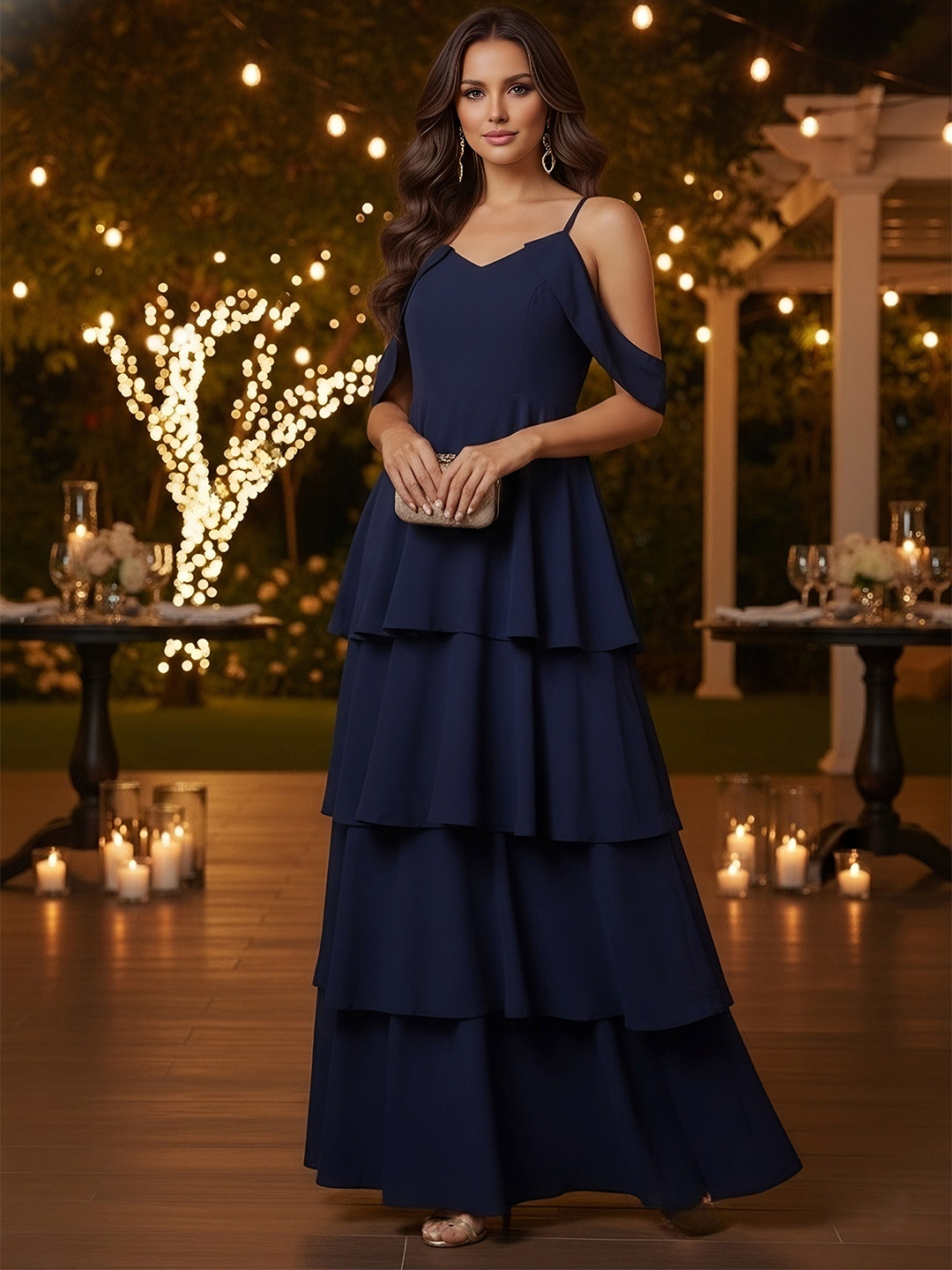 Berrylush Cold-Shoulder Layered A-Line Maxi Dress