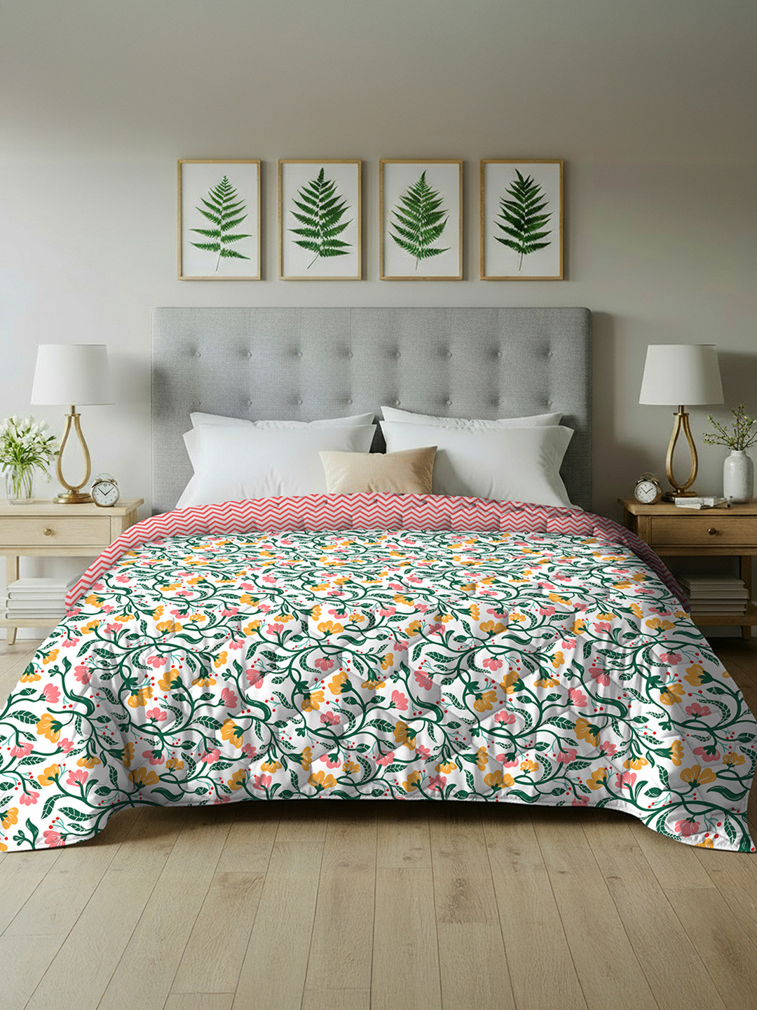 URBAN SPACE Green & Peach Floral Microfiber Heavy Winter 400 GSM Double Bed Comforter